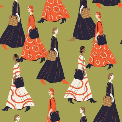 Seamless pattern with stylish young women walking in modern outfits. Tile on green background for fabric, textiles, wrapping paper, and fashion projects.