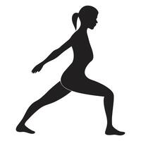 Black silhouette figures in various yoga poses such as tree pose, downward dog, cobra, warrior, and triangle pose on plain white background. vector