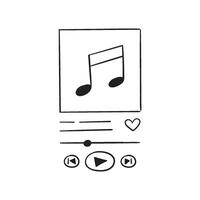 A sketch of a doodle-style music player template. Media content design music, podcast, audiobook. Buttons and cover, rewind track vector