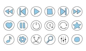 Hand-drawn buttons for the media player. Doodle-style icons for podcasts, audiobooks, and music vector