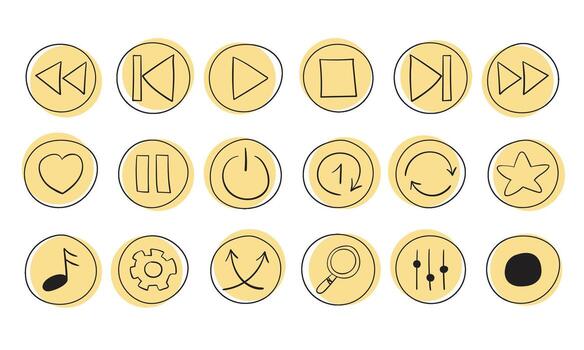 Collection of doodle icons, buttons for the music player interface, applications for podcasts, audio recordings vector
