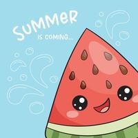 A summer postcard template with a slice of watermelon and the inscription summer is near. The Kawaii character vector