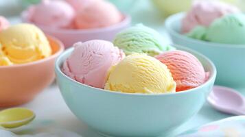colorful bowls of ice cream with colorful scoops photo