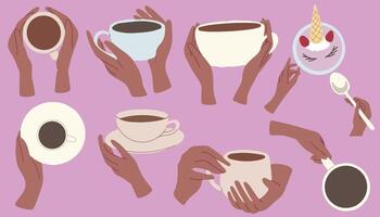 Flat set illustrations of hands with dark skin holding cups. icons isolated on green background. vector