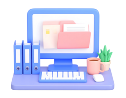 Modern 3D Office Desk Setup with Computer and Files png