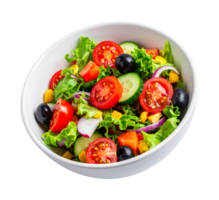 A bowl of salad with tomatoes, cucumbers, corn, and black olives png