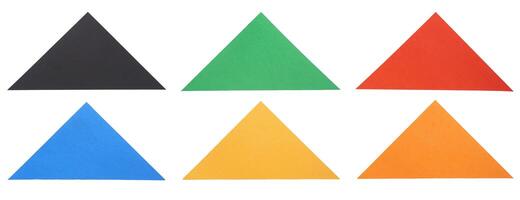 Set collection of various colors of blank crumpled paper stickers in triangle shape isolated on white background photo