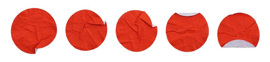 Set collection of blank crumpled red paper stickers in round shape isolated on white background photo
