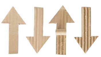 Set collection of arrow shaped of corrugated cardboard paper isolated on white background photo