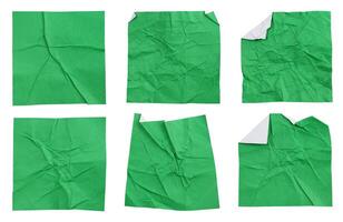 Set collection of blank crumpled green paper stickers in square shape isolated on white background photo