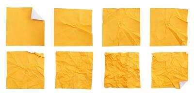 Set collection of blank crumpled yellow paper stickers in square shape isolated on white background photo