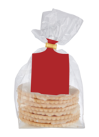 Crackers, crispy bread slices in a clear bag with a blank red label cut out isolated transparent background png