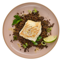 Fish steak with beans on plate top view food on plate cut out isolated transparent background png