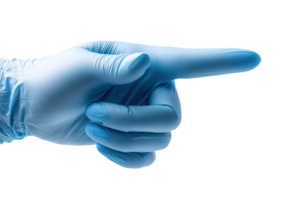 A blue medical glove pointing to the right on a transparent background. png