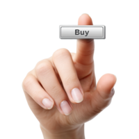 A hand pressing a Buy button on transparent background. png