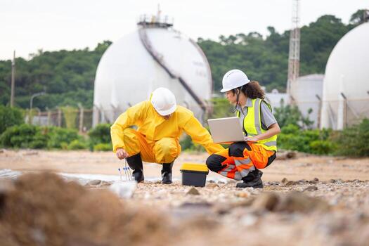 Environmental Scientists Testing Polluted Water Near Industrial Drain, Workers Collecting Water Samples for Environmental Research, Engineer Analyzing Environmental Data on a Beach Cleanup Project photo