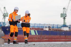 Dock Workers Coordinating Cargo Ship Logistics, Industrial Engineers Collaborating at Harbor Site, Maritime Safety Engineers Working at Port Terminal with Laptop and Walkie Talkie photo