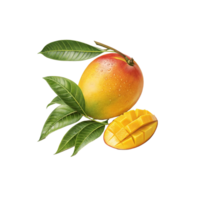 Fresh, ripe mango with lush green leaves perfectly isolated on a transparent background for seamless design use png