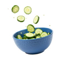 sliced cucumbers in blue ceramic bowl isolated on transparent background for fresh summer salad and healthy eating visuals. cucumber salad with sesame seeds in blue bowl isolated for vegan food png