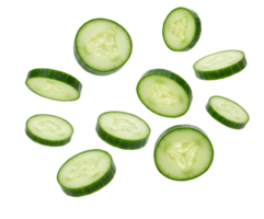 Organic cucumbers flying mid-air with scattered cucumber slices perfect for vegan diet, hydration and summer vegetable themes. Whole cucumbers and cucumber slices falling isolated png