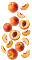 Peach pieces falling with whole fruit isolated for natural food graphics, fruity splash effects, and summer snack visuals with transparent background png
