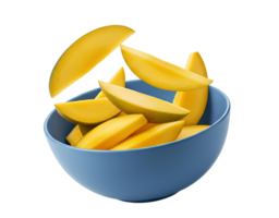 Bowl of ripe mango slices with falling fruit for tropical dessert visuals and plant-based diet designs. Mango fruit pieces dropping into bowl. Isolated image of mango chunks png