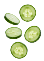 Green cucumber pieces and whole vegetables flying and scattered in air for hydration, skincare, and summer freshness designs. Cucumber slices floating down isolated for food design png