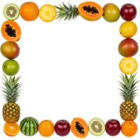 tropical summer frame fruit top view . Organic and fresh frame fruit top view flat lay isolated. Colorful frame made of tropical fruits top view isolated for summer designs, juice ads png