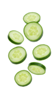 cucumber slices falling down . whole cucumbers and cucumber pieces flying isolated. Fresh and organic cucumber vegetable scattered . summer vegetable cucumbers isolated png