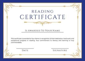 Modern Reading Certificate Template with Stylish Gold and Deep Blue Border Design vector