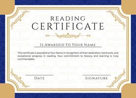 Regal Reading Certificate Template with Elegant Gold and Blue Ornate Borders vector