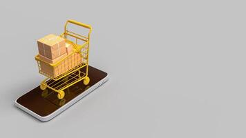 Shopping cart on mobile for online concept 3 d Rendering. photo