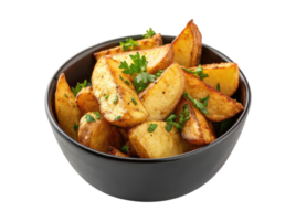 Side view of baked potato wedges on a black porcelain bowl isolated on a transparent background png
