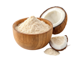 A wooden bowl of coconut flour with halved coconut isolated on a transparent background png