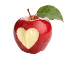 Bitten red apple in the shape of a heart with a leaf isolated on a transparent background png
