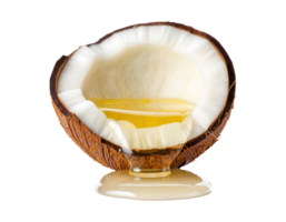 Virgin coconut oil poured from half coconut shell isolated on a transparent background png
