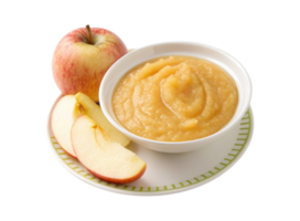 A plate of baby apple puree with apple slice isolated on a transparent background png