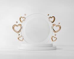 White podium pedestal with gold heart product display showing 3d rendering photo
