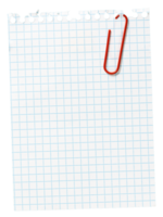 Piece of blank grid Paper note with red paper clip cut out. Mockup template Design png