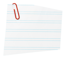 Piece of blank lined Paper note with red paper clip cut out. Mockup template Design png
