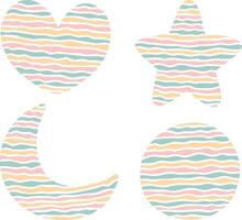 Minimalist Pastel Striped Heart, Star, Crescent Moon, and Circle Silhouettes in Soft Wavy Shapes vector