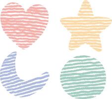 Soft Pastel Colored Shapes with Rough Striped Texture, Heart, Star, Moon, and Circle for Nursery Decoration vector
