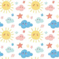 Seamless Pattern of Cute Colorful Sky with Hand Drawn Sun, Clouds, Stars on White Background vector