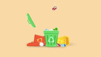 Various type of garbage thrown into the trash. Recycling waste to reduce global warming concept. Hand drawn eco friendly animation. video