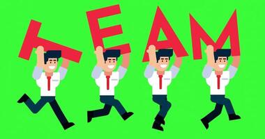 Animated businessmen running with TEAM letters on green screen background for use in business teamwork and collaboration video