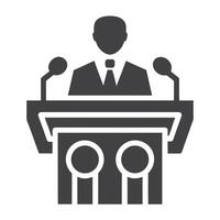 Speaker at Podium with Microphones Gray Icon Isolated on White Background vector