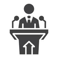 Speaker at Podium with Upward Arrow Icon Gray Silhouette on White Background vector