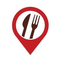 Red Location Pin Icon with Brown Knife and Fork vector