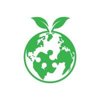 Green Earth Globe with Puzzle Pieces and Leaves on White Background vector