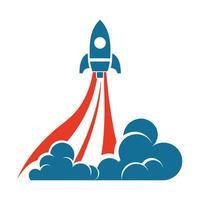 Teal Rocket Launching Red Flames White Background Simple Icon vector